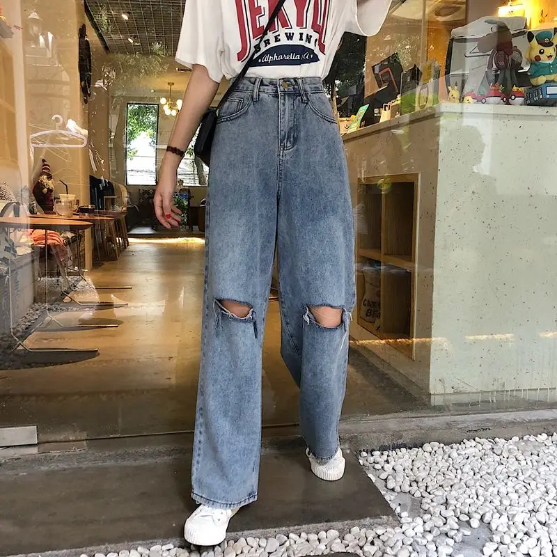 Vintage Ripped Straight Jeans for Women  Hole Jean Female Denim Pencil Pants Streetwear Boyfriend Loose Wide-leg Jeans Pants