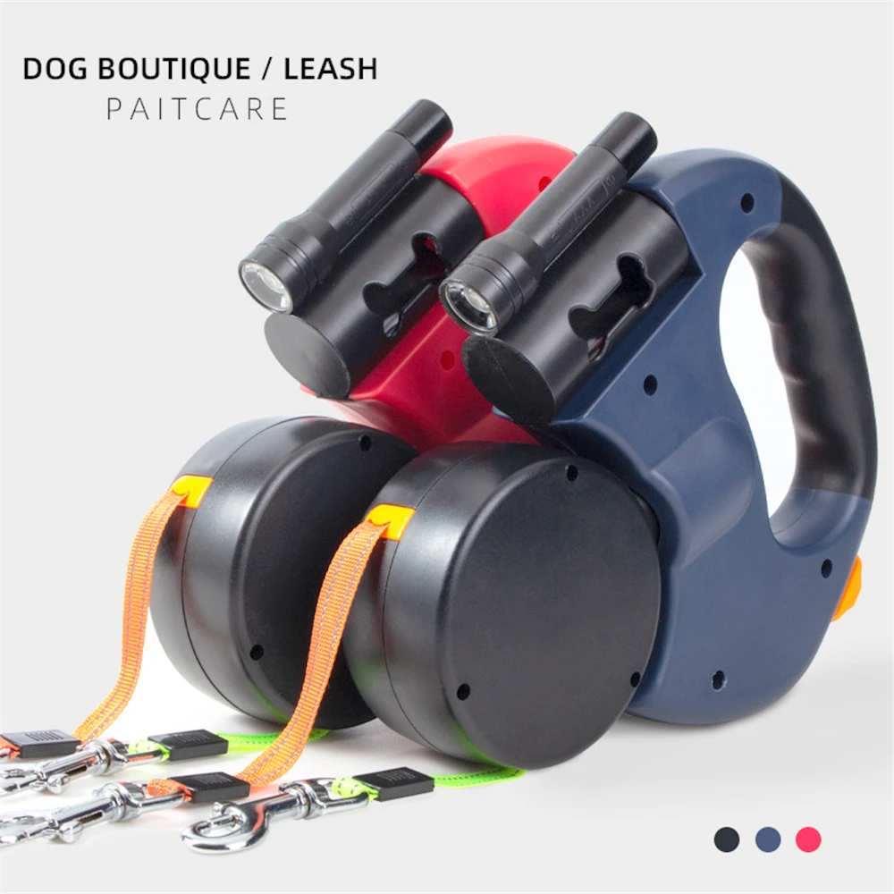 

Dual Dog Rope Leash with Light Retractable Double Pet Traction Rope Belt Portable Rotation Pet Rope Supply for 2 Dogs Walking