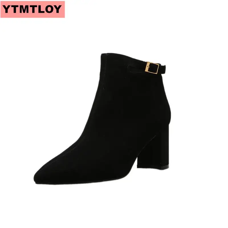 Женские ботильоны из замши на Высоком толстом каблуке черные ботинки-гладиаторы