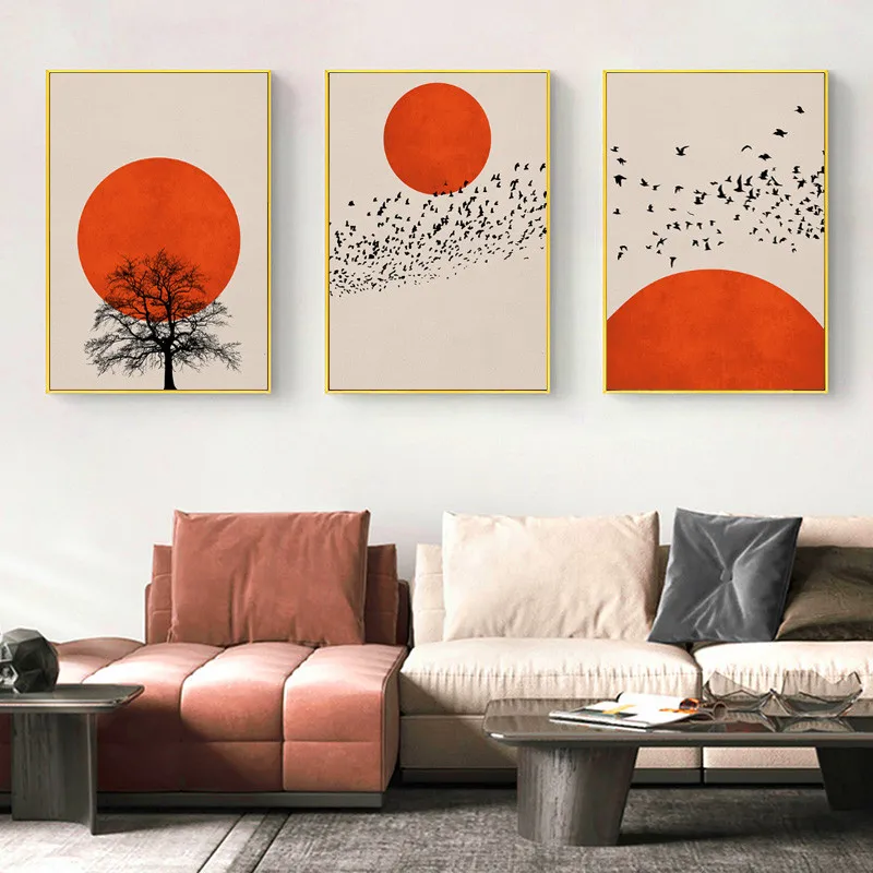 

Abstract Orange Red Sunset with Tree Birds Vintage Poster Canvas Painting Wall Art Print Picture Living Room Interior Home Decor