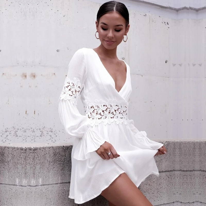 

2021 Summer Women Girls' Backless Hollow Out V Neck Sexy Party Beach Dress White Mini Dress Long Sleeve Fashion Holiday Dress