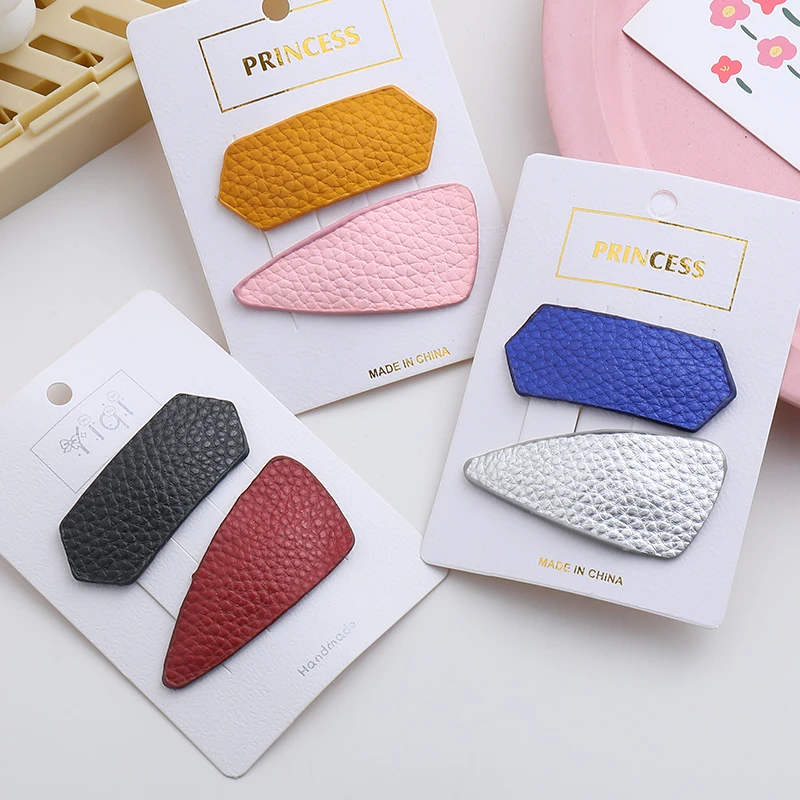 

2 Pcs/Set New Women Elegant Leather Geometry Hair Clip Girls Sweet Hairpins Colorful Barrettes Headband Fashion Hair Accessories