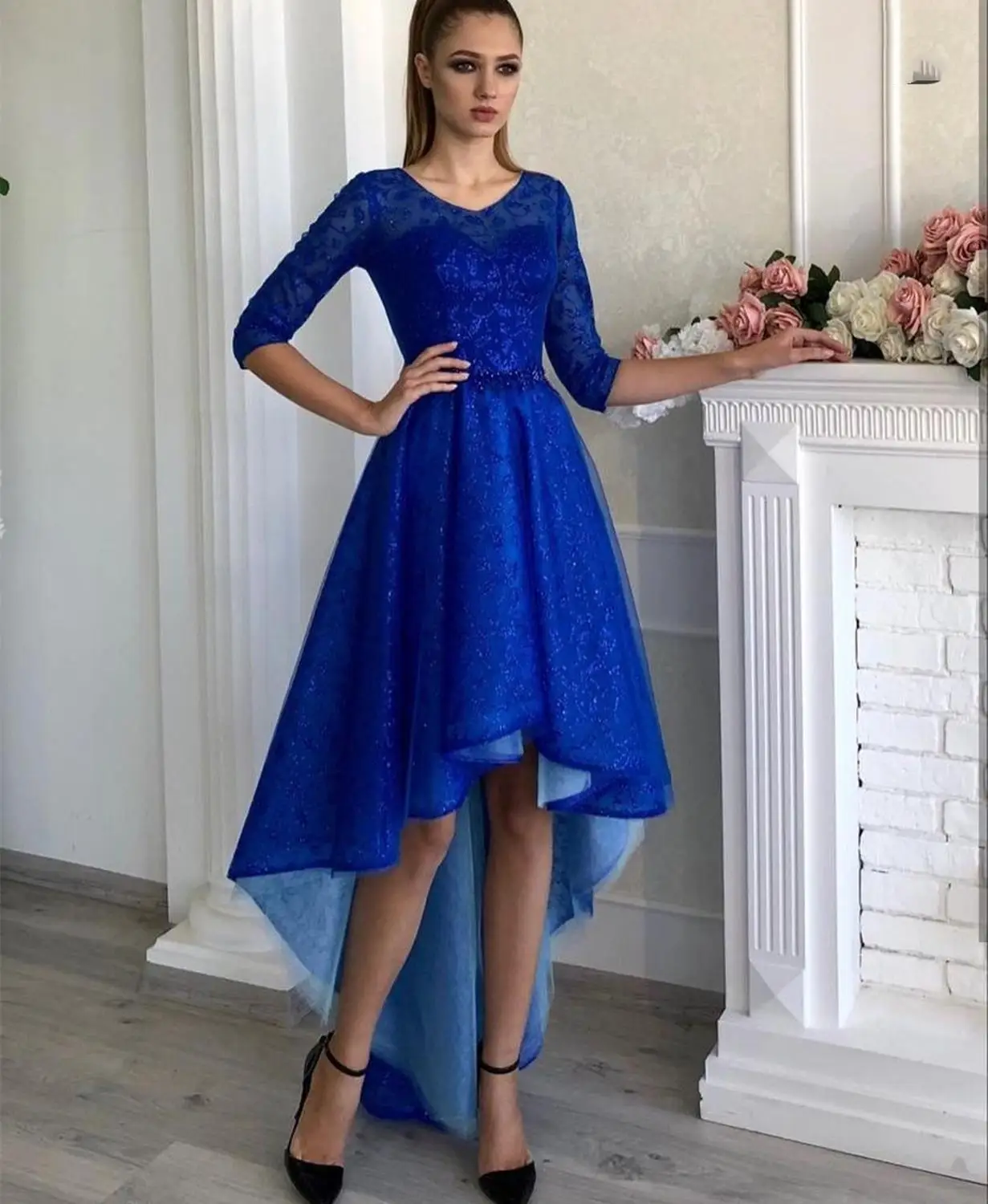 

Prom Dress Blue O-Neck Half Sleeve Front Short Long Back Lace Shinny Gorgeous Women Formal Party Gowns Graceful Tealength