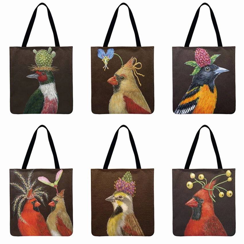 

Christmas Bird Printing Tote Bag Shoulder Bag Women Beach Bag Linen Febric Casual Tote Foldable Shopping Bag Women Clutch Bag
