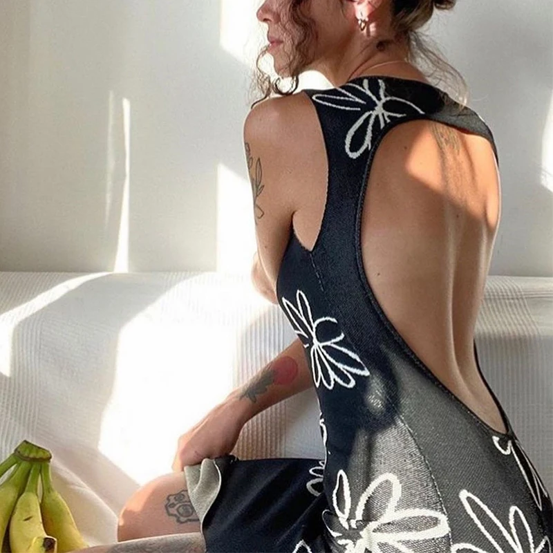 

Bodycon Summer Floral Printed Sleeveless Y2K Beach Sexy Midi Party Dresses Tank Cut Out Backless Knitted Dress Women