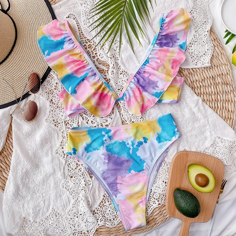 

Ruffles Sexy Swimsuit Women V Neck Bikini Set Tie Dye Print Swimwear 2020 Female High Waist Bikini Bathing Suit Swimming New