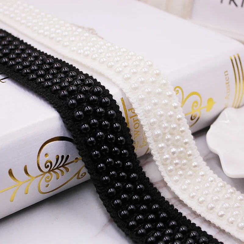1 ярдов/партия кружевная лента украшенная жемчугом белая/Черная одежда швейная