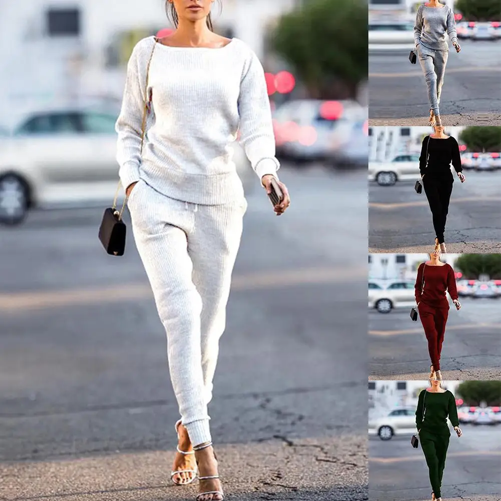 Хит 2 шт. спортивные женские костюмы однотонные с длинным рукавом вязаный джемпер
