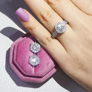 Комплект ювелирных изделий для невесты, круглые серьги-гвоздики с ореолом, серебристого цвета, обручальное кольцо, свадебный подарок, 2 шт.упаковка, J6018