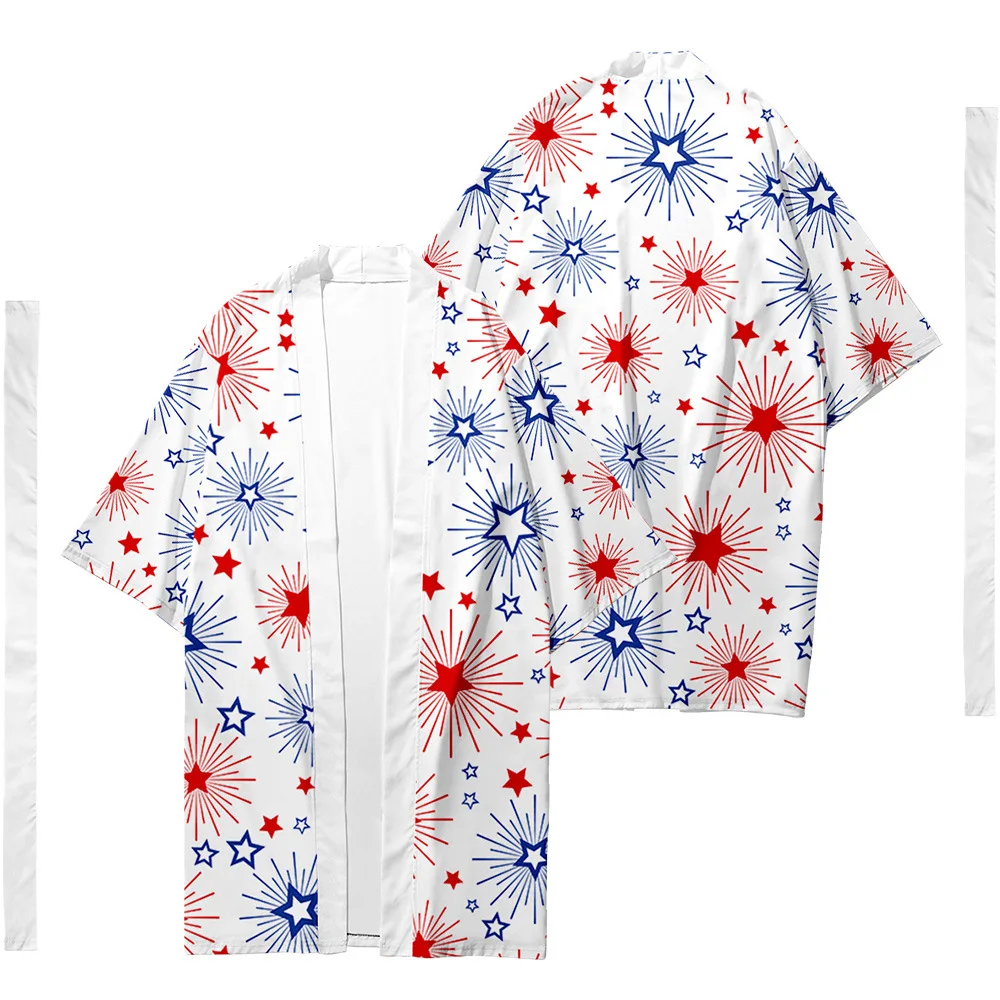 

Red Blue Star Printed Long Style Japanese Kimono Cardigan With Belt Couple Women Men Casual Asian Clothes Harajuku