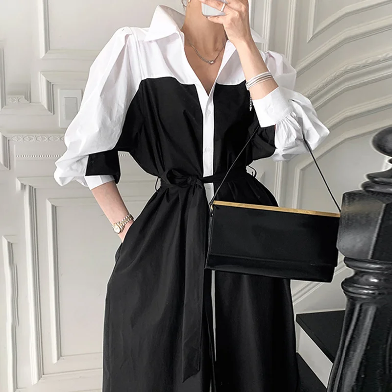 

2021 Summer Dress Korean Chic Dresses French Lapel Single Breasted Contrast Stitching Design Lace Up Waist Puff Sleeve Dress
