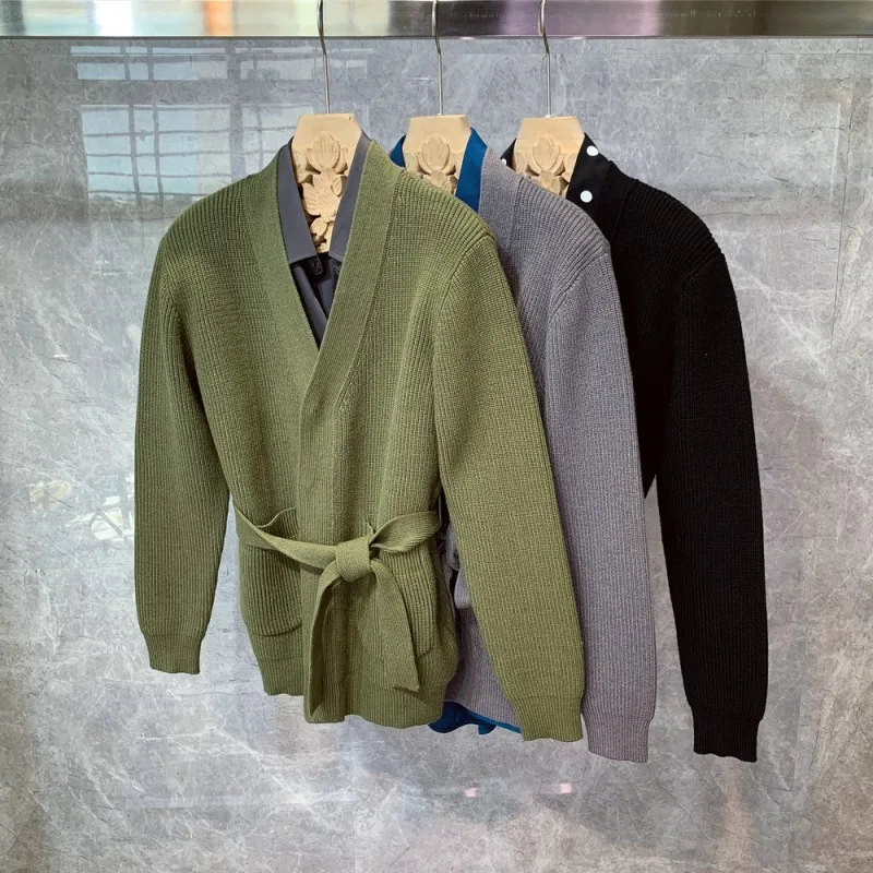 

Men Cardigan Sashes Fashion Korean Style Pockets V-Neck Jacket Autumn Winter Man Sweaters New Solid Casual Knitting Clothing