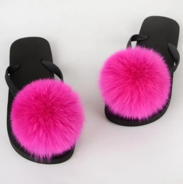 

P 2021 Pom Pom Fur Slippers Women Fluffy Sliders Furry Sandals Real Rabbit Fur Slippers Fox Fur Slides Multicolor Customize