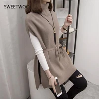 2021 new autumn winter womens clothing lady long vest knitted sweater half turtleneck mid length sweater korean fashion vests