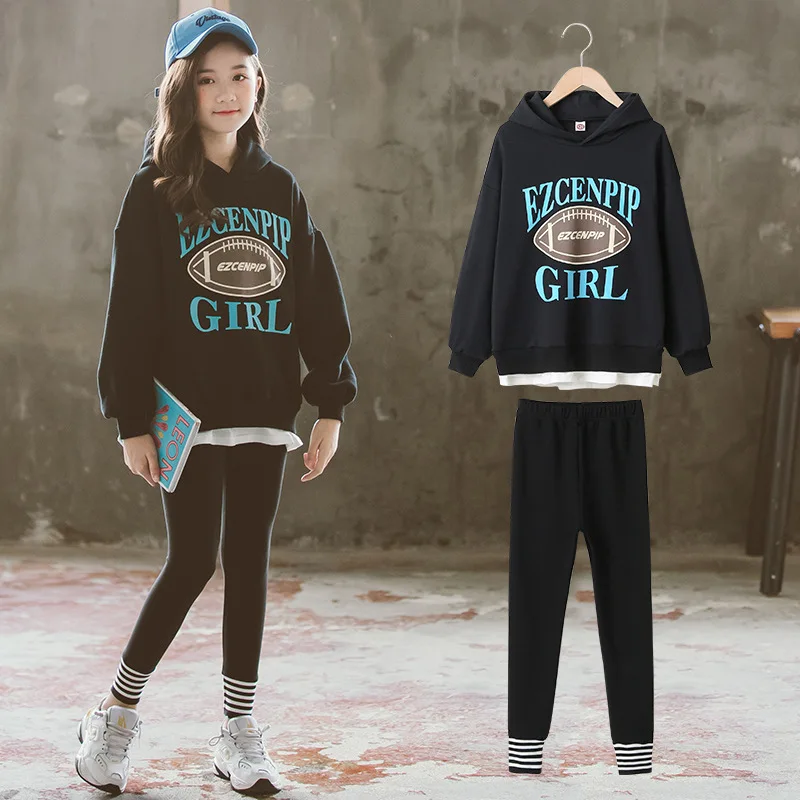 

Girls' suits 2021 new spring and autumn big kids loose fake two-piece sweater leggings two-piece suit