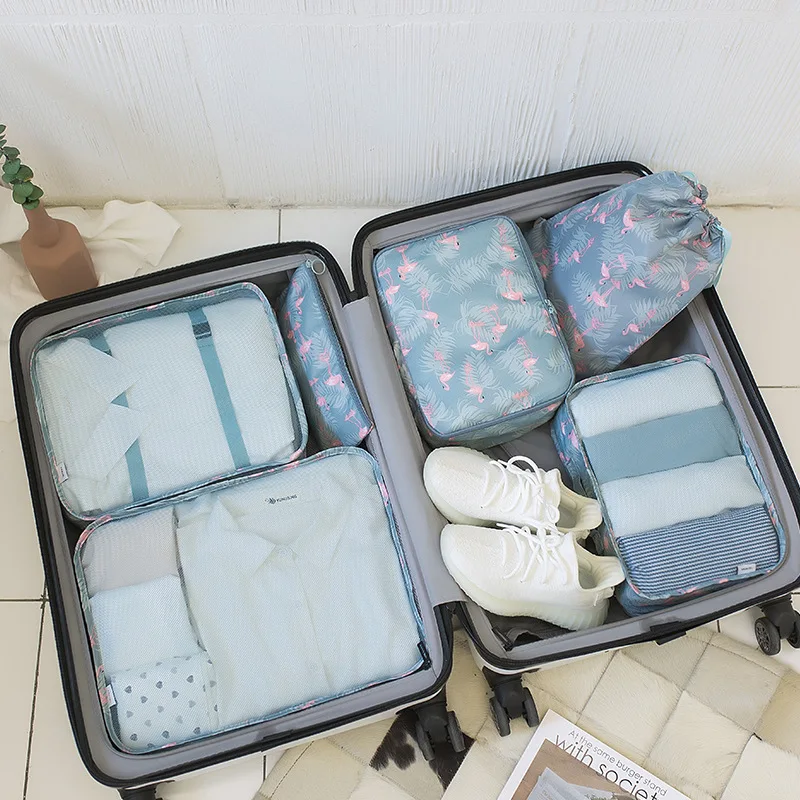 Travel storage bag fashion twill suit suitcase clothes storage bag travel underwear storage bag drawstring pocket 6 sets
