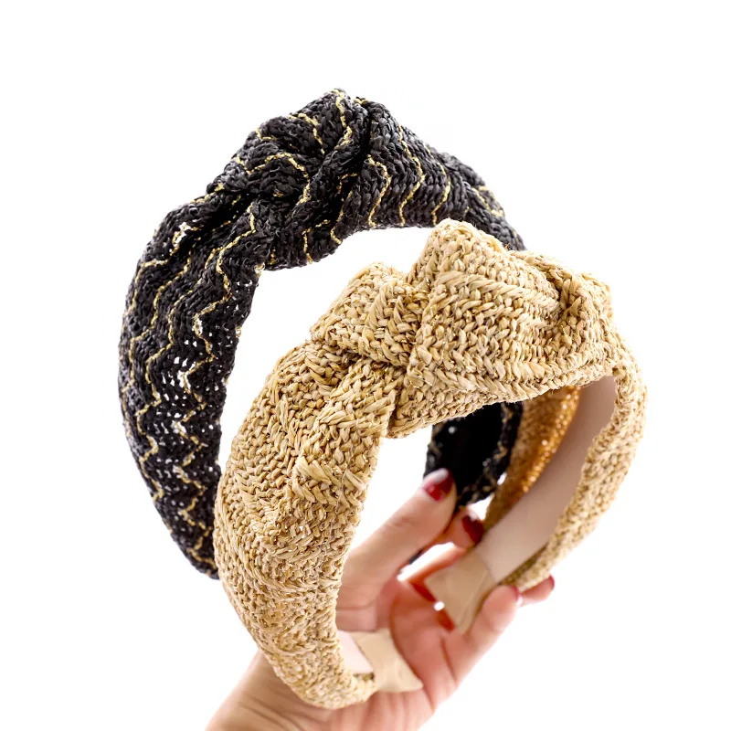 

2021 Vintage Straw Braided Bezel Hairband Women Knot Turban Headband Girls Hair Accessories Opaska Do Wlosow Opaski Diadema