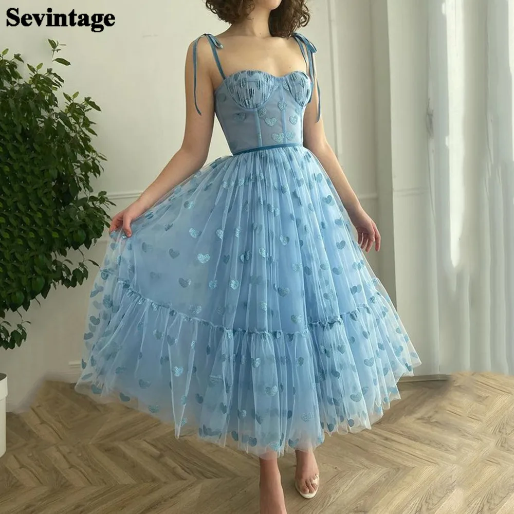 

Sevintage Blue Heart Tulle A-Line Prom Dress Tea-Length Short Evening Gowns with Boning Custom Made Girl Formal Party Dresses