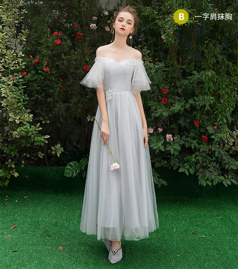 Light Blue Long B Красота Эмили круглым вырезом с кружевными аппликациями, Платья для подружек невесты короткий рукав розовый длинное платье для Свадебная вечеринка бусины со шнуровкой сзади Vestido - Цвет: Light Blue Long B