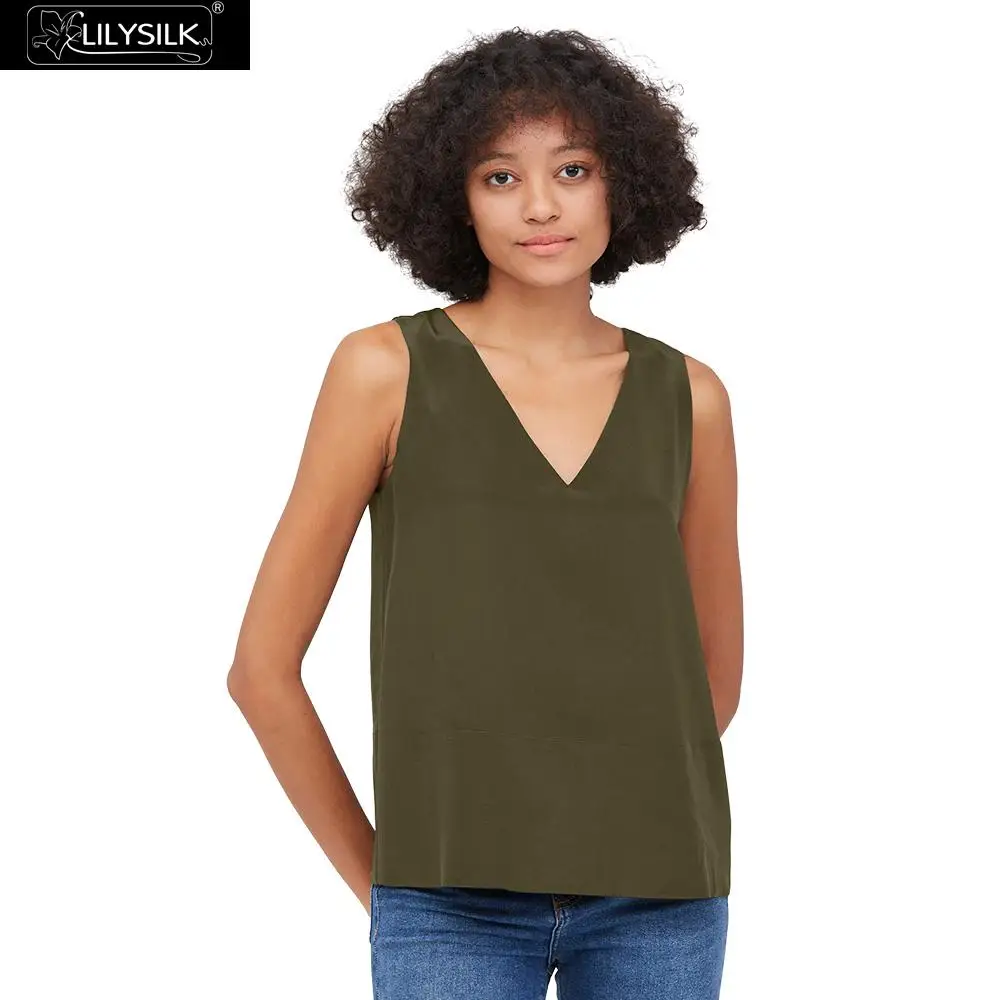 Olive Green LilySilk шелковые кофточки с v-образным вырезом без рукавов женские новые - Цвет: Olive Green