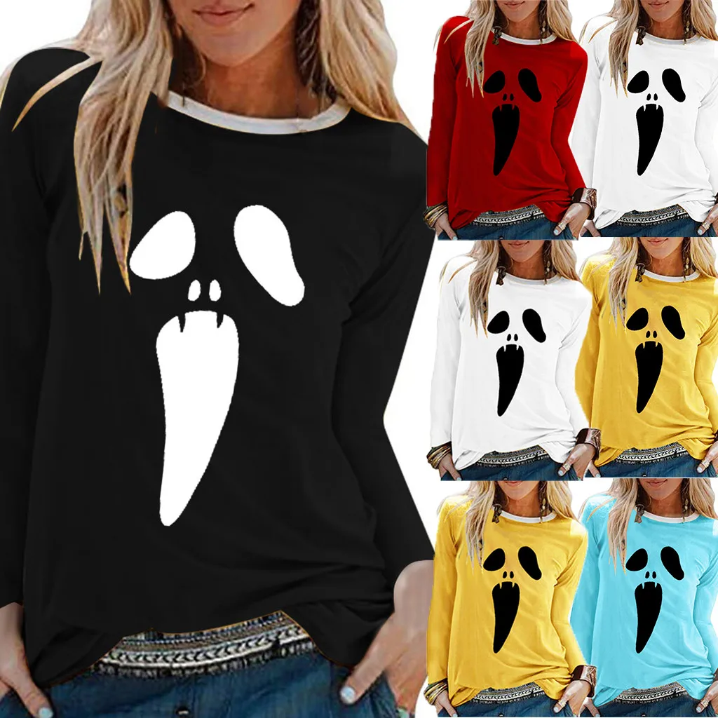2019 женские футболки с принтом на Хэллоуин топы круглым вырезом и длинными