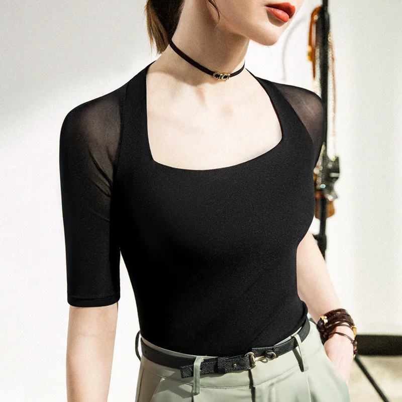

Net Yarn Mid-sleeve Woemn Top sexy see-through Slim Fit T-shirt for Female