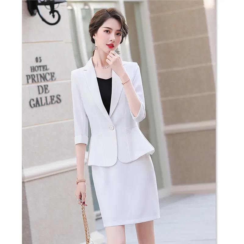 Офисная одежда для женщин с коротким рукавом и оборками приталенный костюм цвета