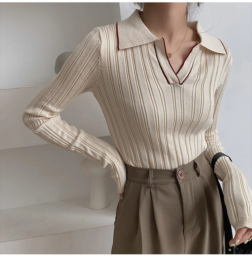 

2021 New Lapel Polo Neck Knitted Bottoming Sweater Women Long Sleeve Vertical Stripes Slim Pullover All Match Causal Female Tops
