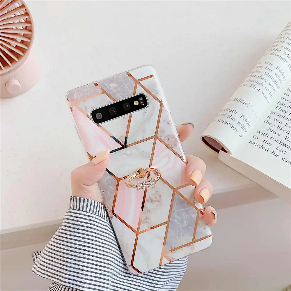 Покрытый геометрическим мрамором чехол из мягкого ТПУ с кольцом для пальца для телефонов Samsung Galaxy S10 S9 S8 Plus S10E.