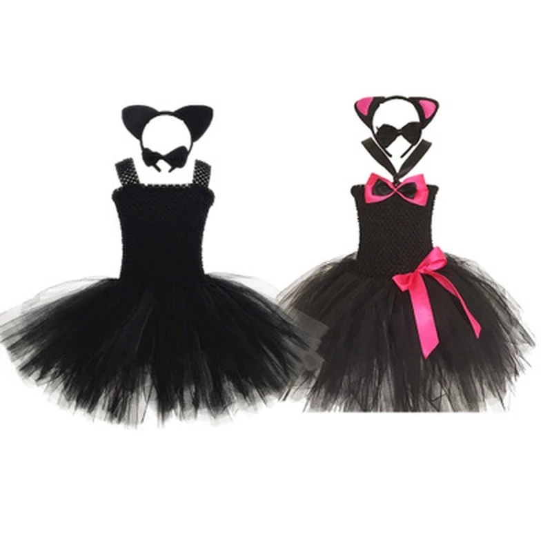 

Girl Black Cat Tutu Dress Head Tie With Tail Brazilian Ankle Length Dresses Devil Children Cosplay Halloween Costume Play New