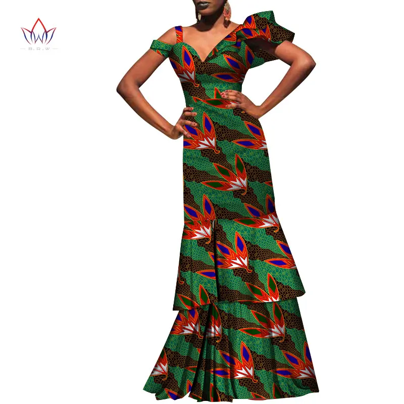 Bintarealwax African Dresses for women Dashiki Elegant Long Dresses for Lady Bazin Riche V-neck African Clothing WY3718