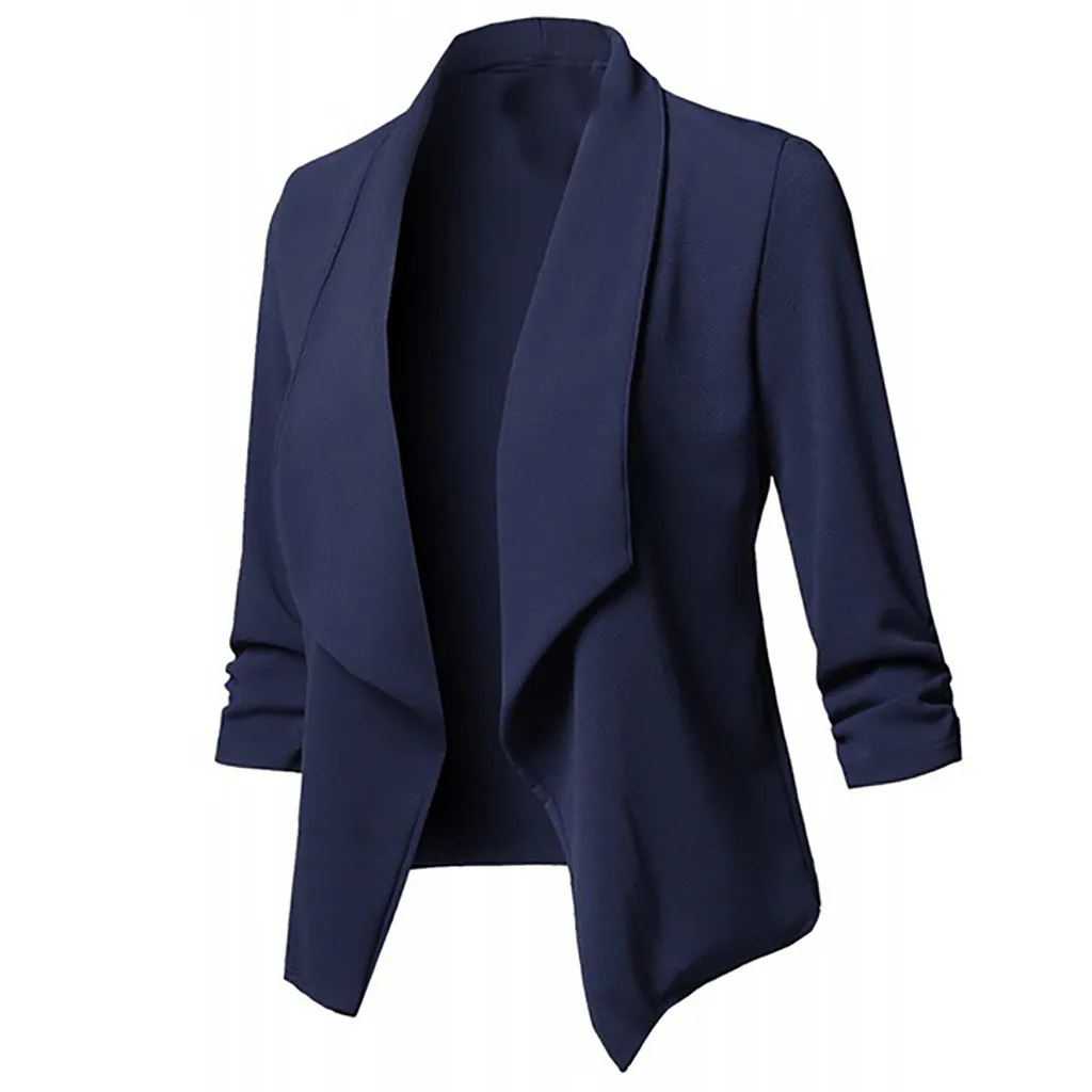 Navy Autumn winter women's Casual long sleeve top Solid color Open Front Fold asymmetry Cardigan Jacket Coat L0808 - Цвет: Navy