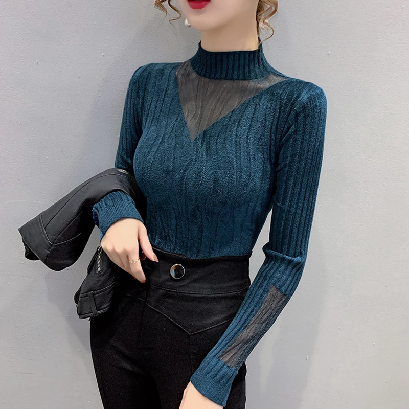 

Женский облегающий бархатный свитер с высоким воротником, джемперы, сезон осень-зима 2021, повседневные топы с соединением, женские вязаные п...