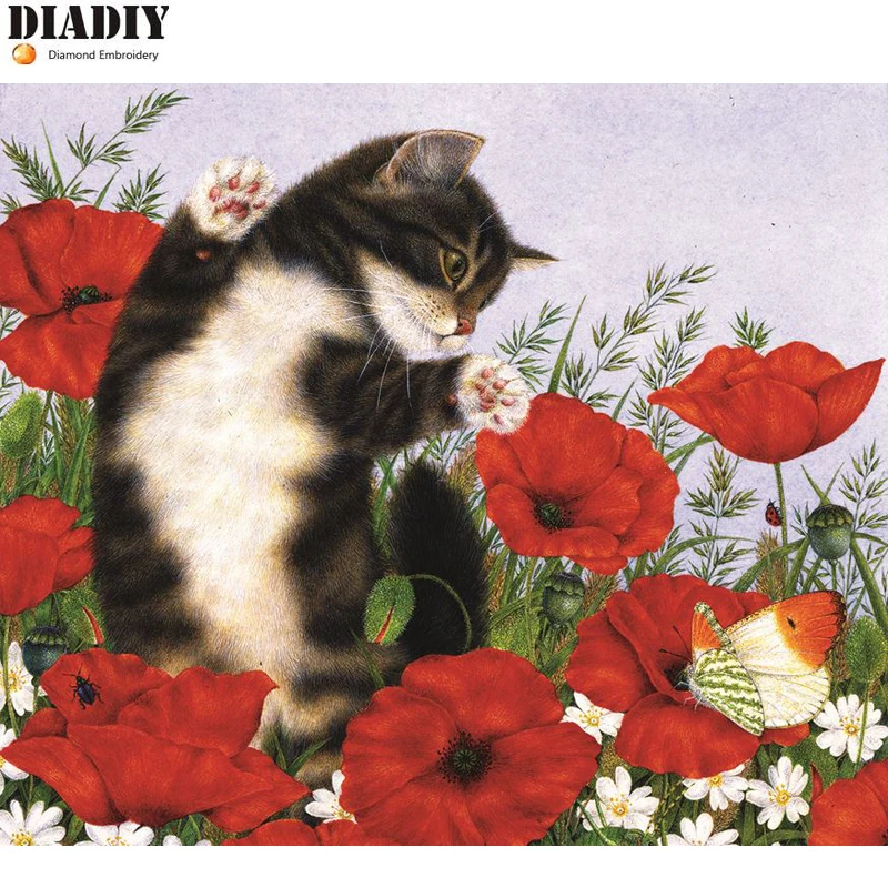 

Full round Diamond 5D DIY Diamond Painting cat Poppy flowers Embroidery Cross Stitch Rhinestone Mosaic Painting Decor
