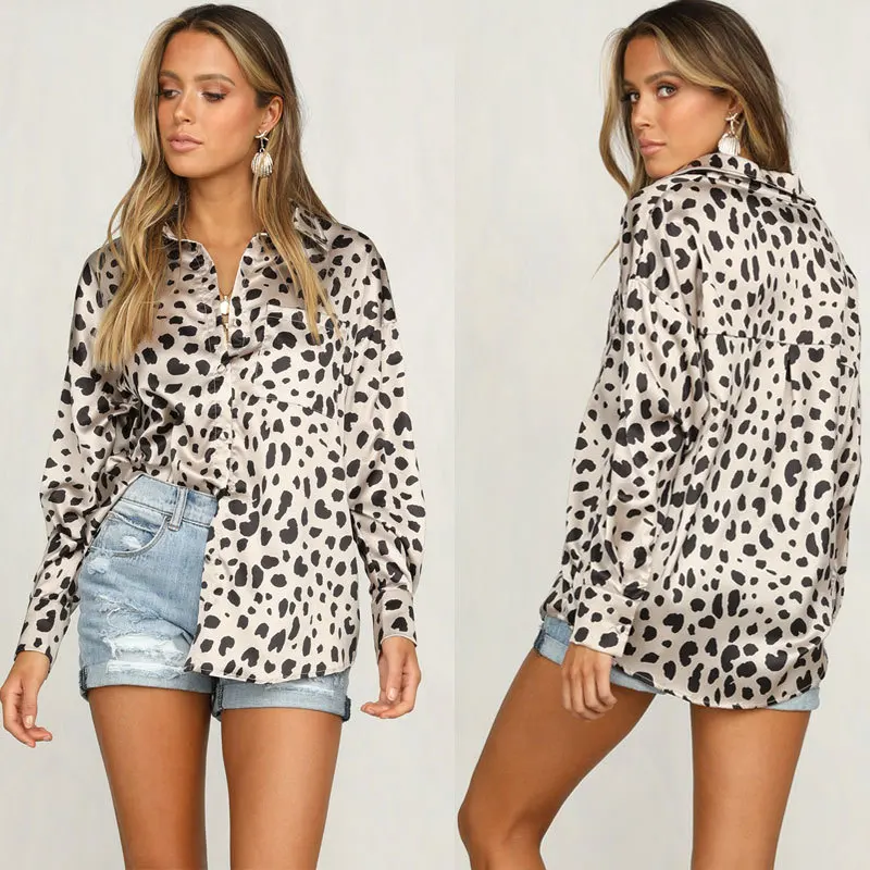 Women Long Sleeve Leopard Blouse V Lapel Neck Satin Shirt Ladies OL Party Top Streetwear Blusas Femininas Tops | Женская одежда