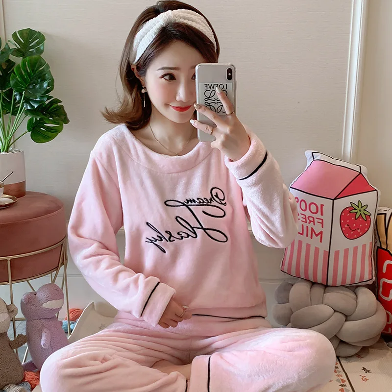 Женские пижамные комплекты 2019 осенне-зимние пижамы фланелевая Толстая теплая