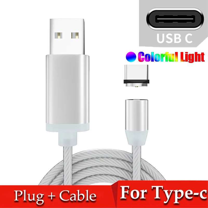 Colorful for Type-c Магнитный течёт светодиодный кабель Micro USB для samsung S10 S9 type-c зарядное устройство для huawei магнитное зарядное устройство usb type C кабели - Цвет: Colorful for Type-c