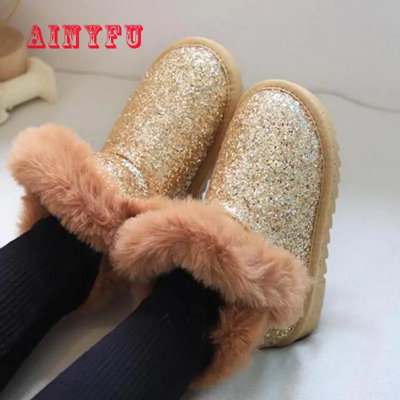 Модные сапоги для девочек с блестками новая зимняя обувь розовые Детские теплые