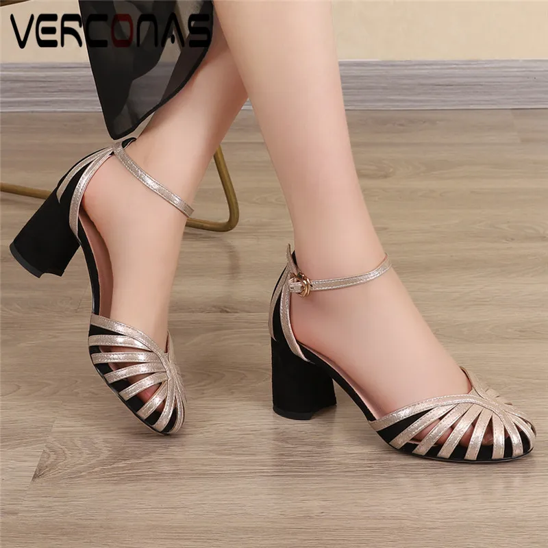 

VERCONAS Women 2021 New Arrival Elegant Sweet Wild Sandals Genuine Leather Popular Thick Heel Round Toe High Heeled Shoes Woman