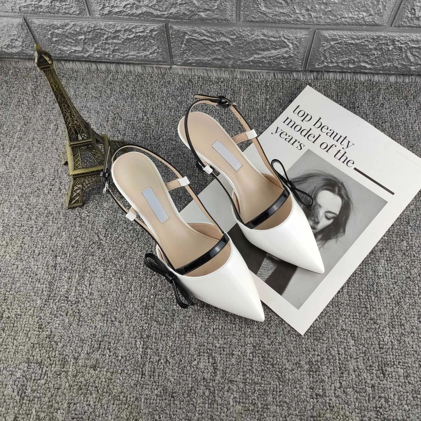 

Office lady Designer fashion women's shoes black patent leather bow pointy toe high heel slingback Prom Evening Shoes Bridal