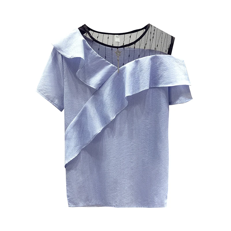 

Shirts For Women Mesh Patchwork Ruffles Off Shoulder Short Sleeves Shirt 2021 Summer Ladies Female Blouse Tops