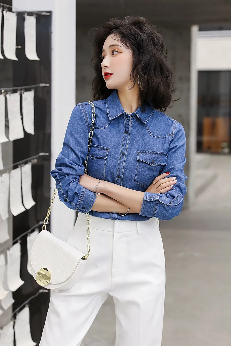 

2021 spring and summer new multi-color art all-match casual long-sleeved all-match denim shirt women