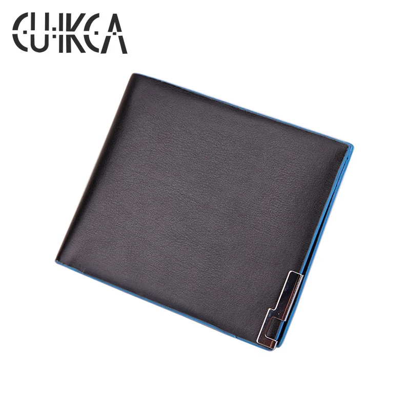 Мужской кошелек CUIKCA водонепроницаемый кожаный тонкий с синими краями и железным