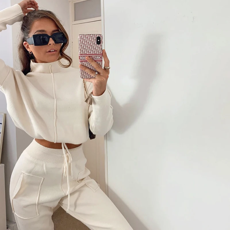 

New autumn and winter fashion high-neck seven-point sports and leisure simple street style sweater suit