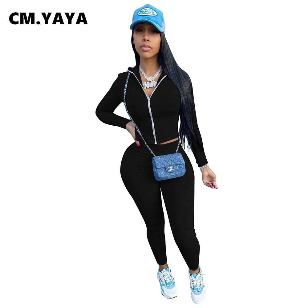 

Женский спортивный костюм CM.YAYA, однотонный облегающий укороченный топ на молнии с длинным рукавом и прямым воротником, обтягивающие брюки, ...