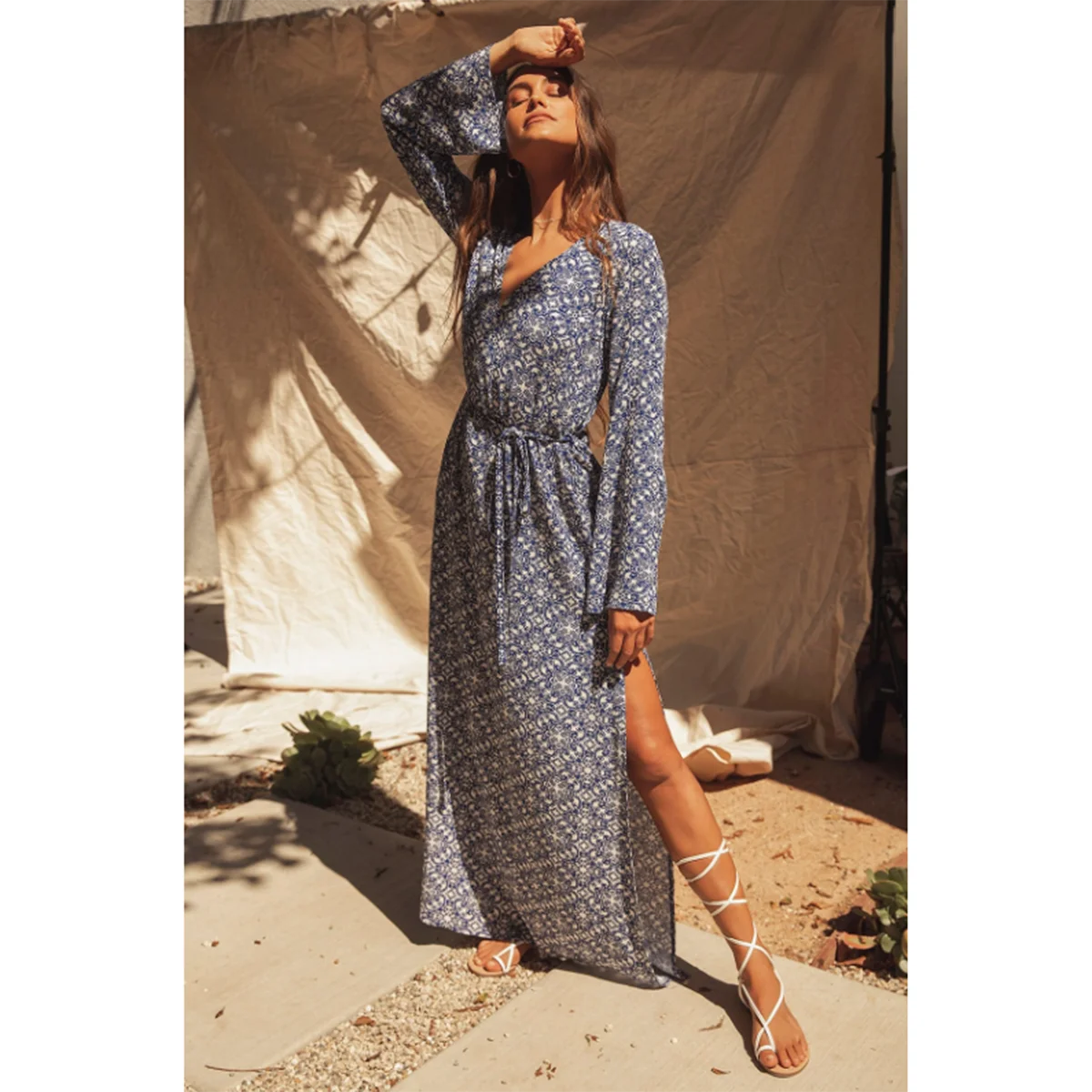 

Pirate Hippie Floral printed Two side Split Maxi Dress V-neck Long Sleeve A-line Dress Boho 2021 Autumn Beach Vintage Vestidos