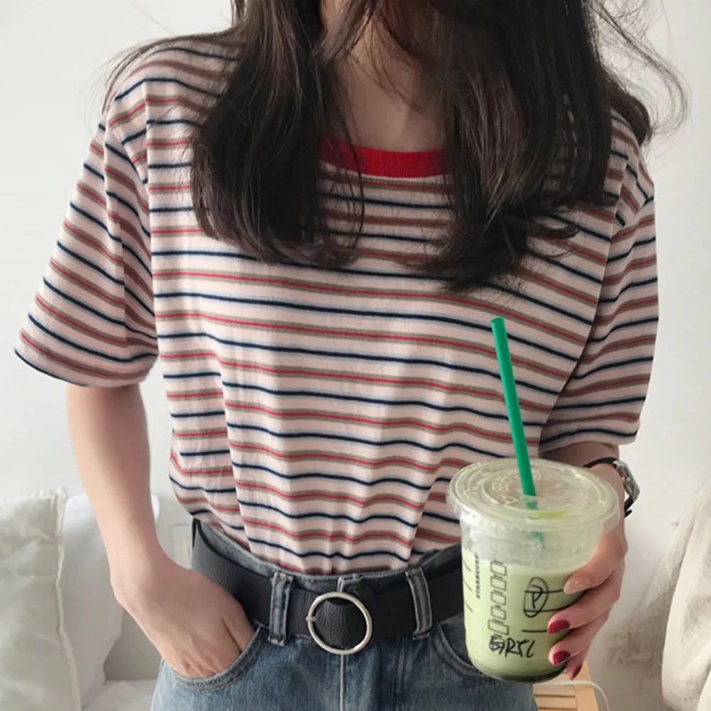 

Casual Women O Neck Short Sleeve Stripes Print Loose T-shirt Student Blouse