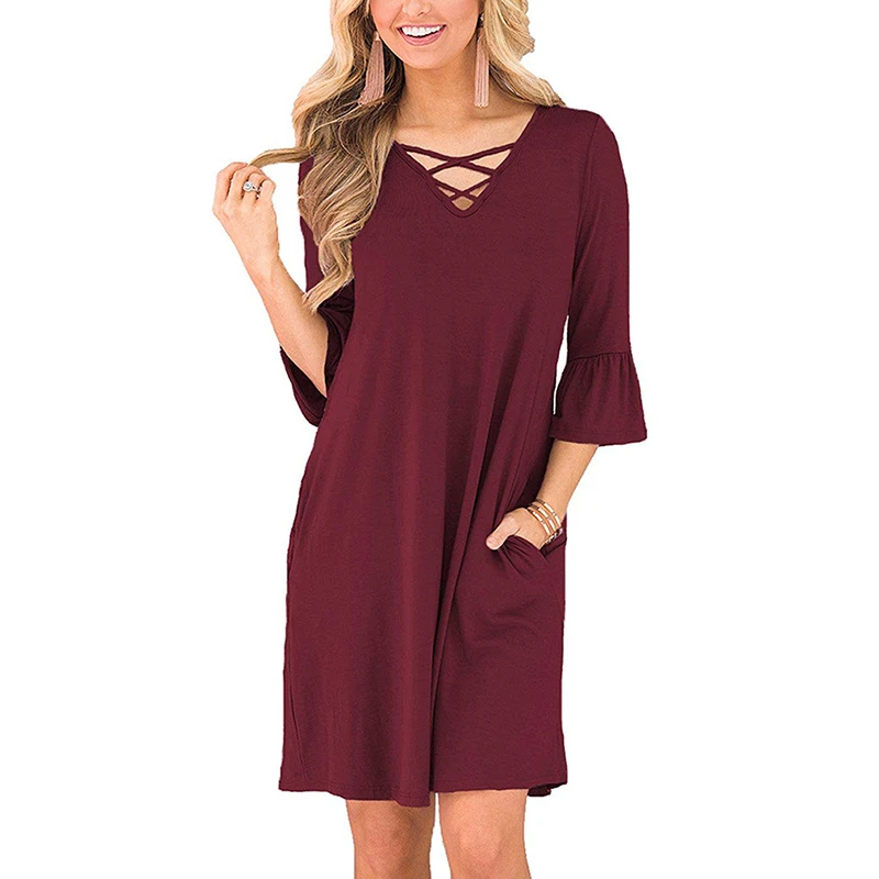 

Solid Office Lady Dress Women Mini Dress Elegant V Neck Three Quarter Sleeve Autumn Dresses 2021 Beach Robe Femme Short Dress