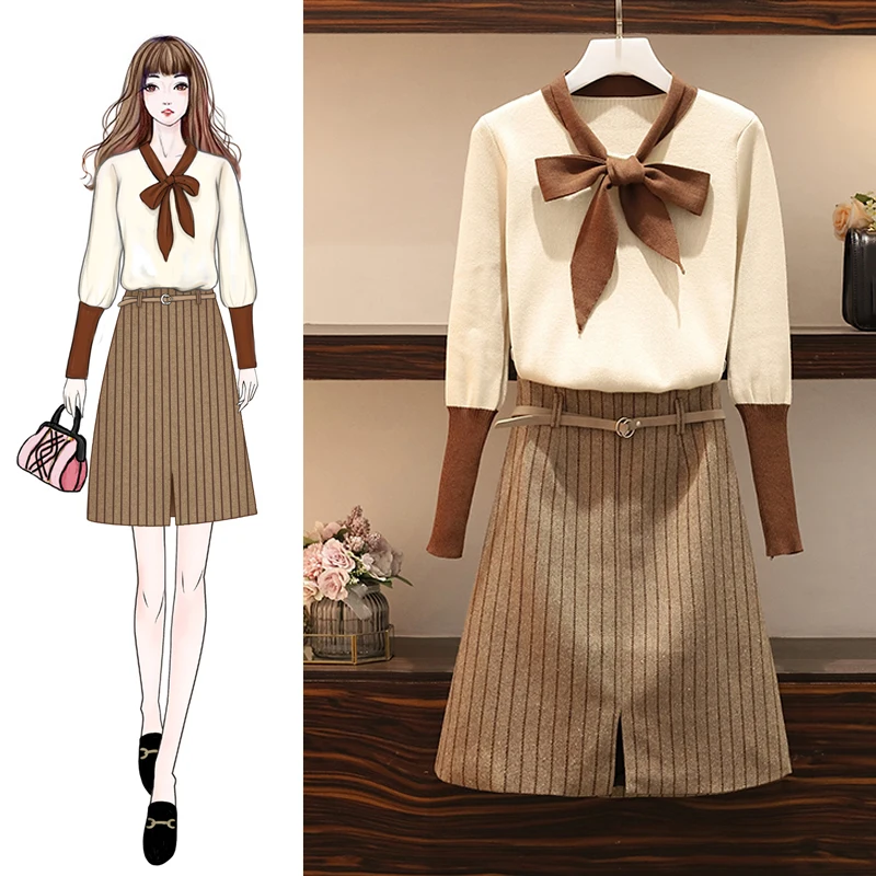 

New Autumn Winter Big Size L-4X Style Women Outfit Two Pcs Clothing Set Pullover Bow Sweater & Stripe Skirt Suit Knitted Clothes