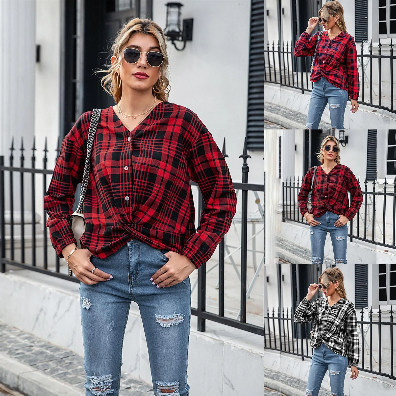 

Ladies Popular Autumn And Winter Plaid Print V-Neck Long-Sleeved Button Blouses Top Valentine's Day Gift